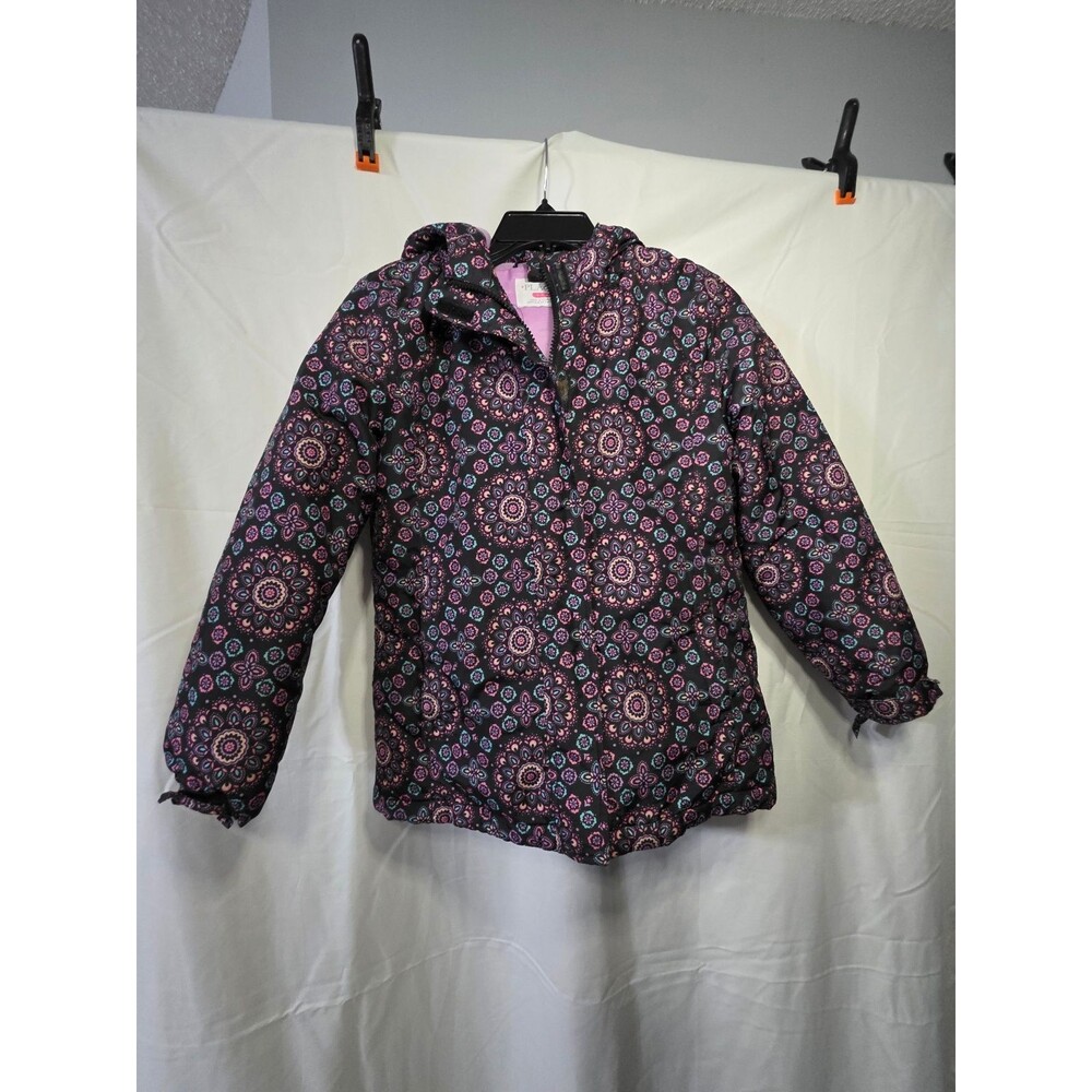 Childrens PLACE Girls Hooded Puffer Jacket Black Pink Purple Floral Size L 10/12